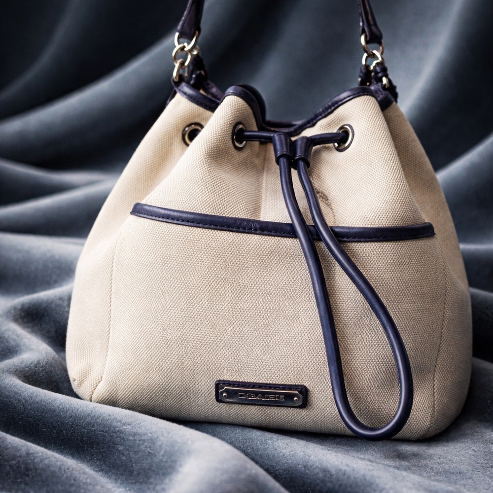 Coach Cream Navy Blue Leather Canvas Drawstring Shoulder Bag